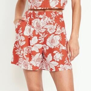Old Navy XL High-Rise Flat Front Linen Blend Orange Floral Taylor Shorts NWT